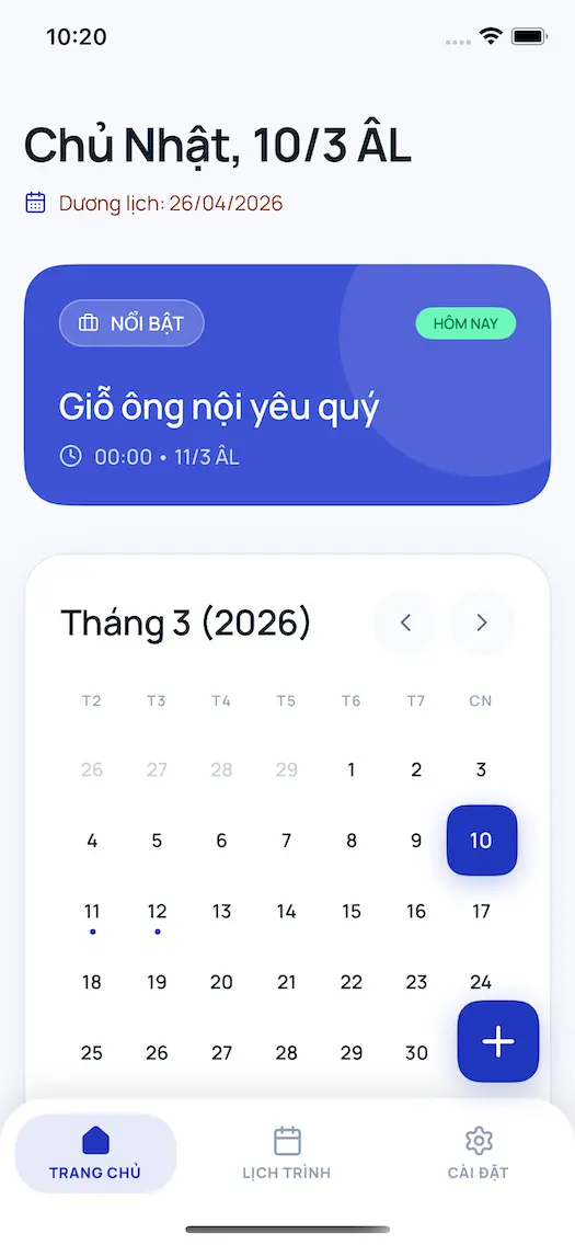 Giao diện ứng dụng nhắc lịch âm và lịch vạn niên GoMoon