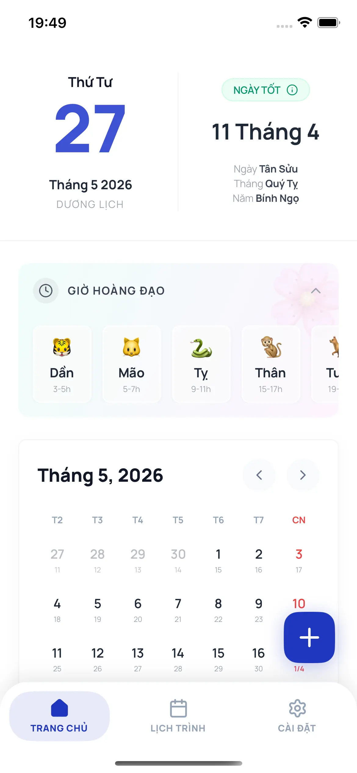 Giao diện ứng dụng nhắc lịch âm và lịch vạn niên GoMoon